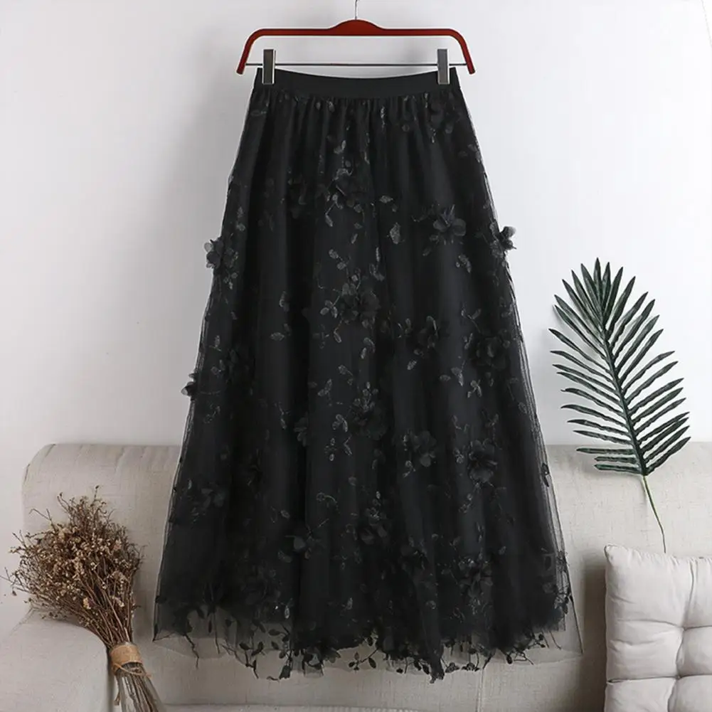 

Three-dimensional Tulle Skirt Floral Embroidery Mesh Midi Skirt with Elastic High Waist Double Layered Tulle Women's A-line