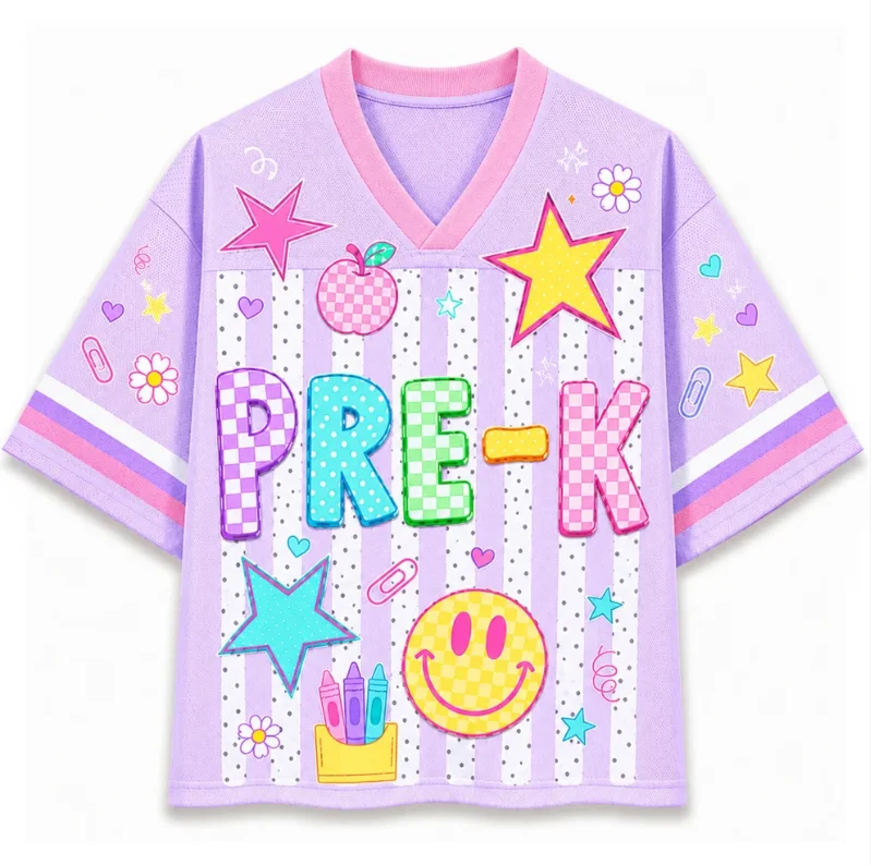 Smiling Star Crayon Chessboard Pattern Full Screen Printed Mesh V-neck Knitted Shirt, Purple Pink Short Sleeve Streetwear Top