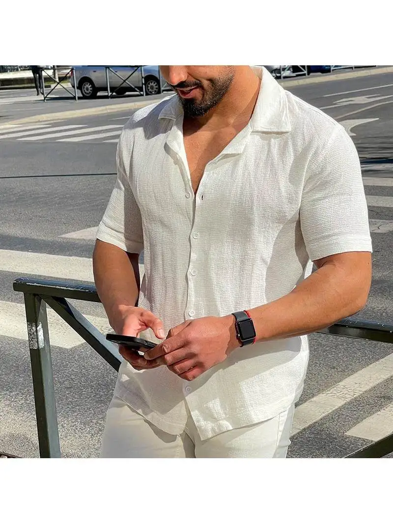 

Men's Thin Color Lapel Casual ort Sve irt Breathable Polyester Fiber Youth All Season Basic Sle Pure Color Pattern