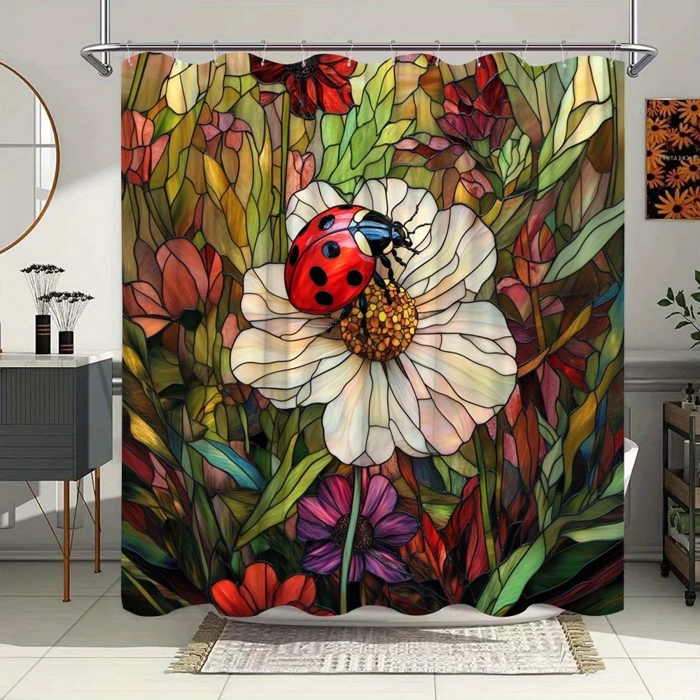 1pc Vibrant Ladybug&Daisy Stained Glass Style Shower Curtain-Waterproof Polyester Colorful Floral Illustration with Red Ladybug