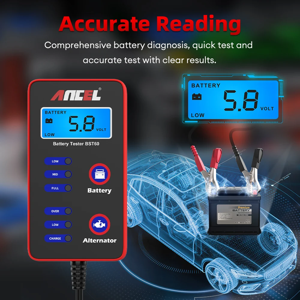 ANCEL BST60 12V Digital Car Battery Tester Battery Condition Tester Alternator Charging System Battery Test Cigarette Lighter