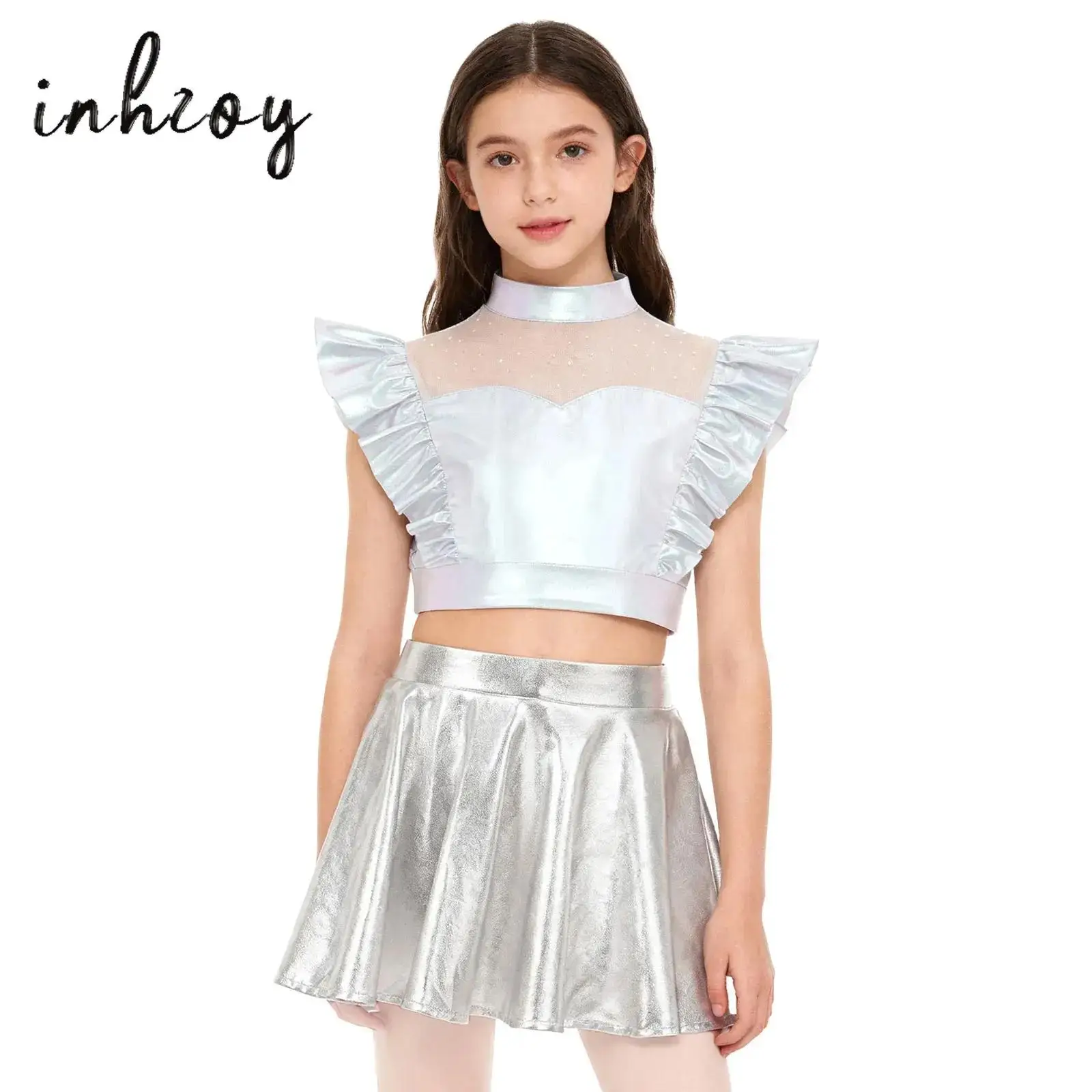 

Детский танцевальный костюм для девочек: современный джаз, латина, балет – блестящий укороченный топ + короткое платье-юнитард с пайетками