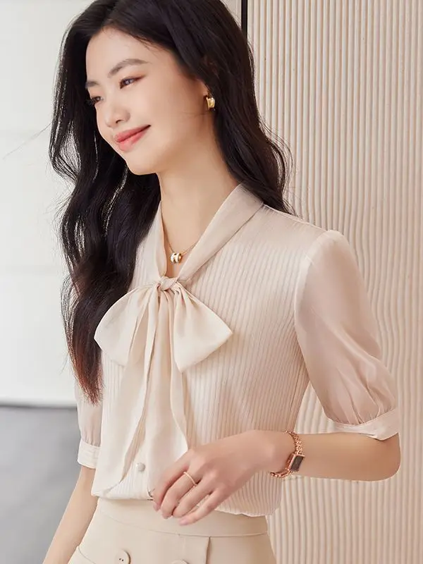 

Женская тонкая блузка из белого шифона Seven Valley Niang High Sense Cleanfit из полиэстеровой ткани, однотонная