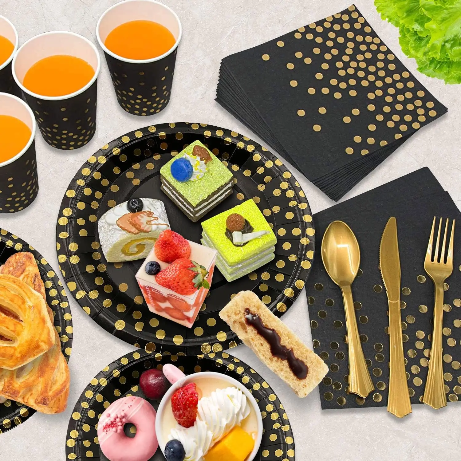Schwarzes und goldenes Partyzubehör, gepunktete Platte, Einweg-Partygeschirr, schwarzer goldener Löffel, Gabel, Tasse, Tischdecke für den Abschluss – Detail 4