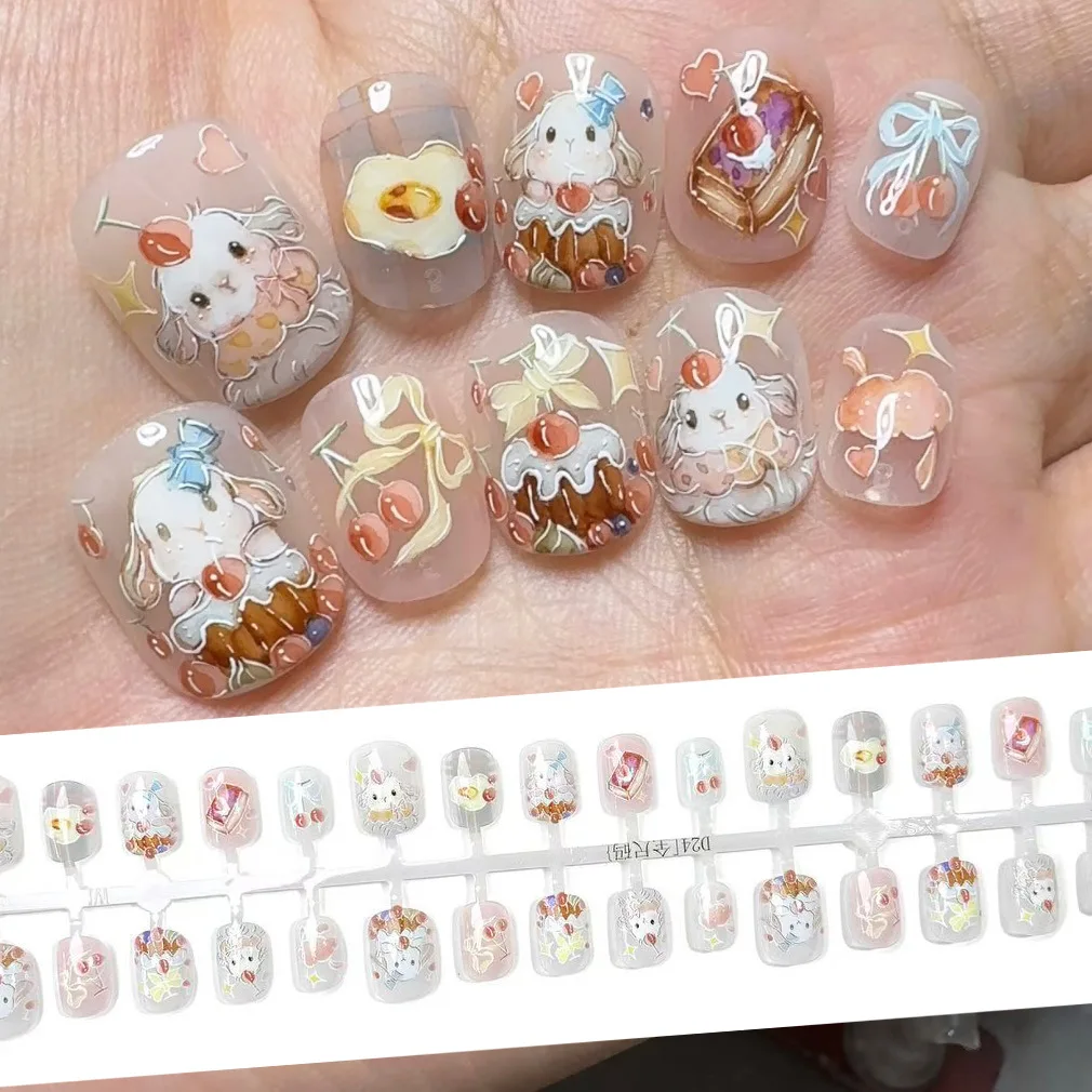 

30Pcs Short Square Cute Press On Nails With Hand-Painted Rabbit, Dessert&Cherry Bow Design Reusable False Nails For Women&Girl