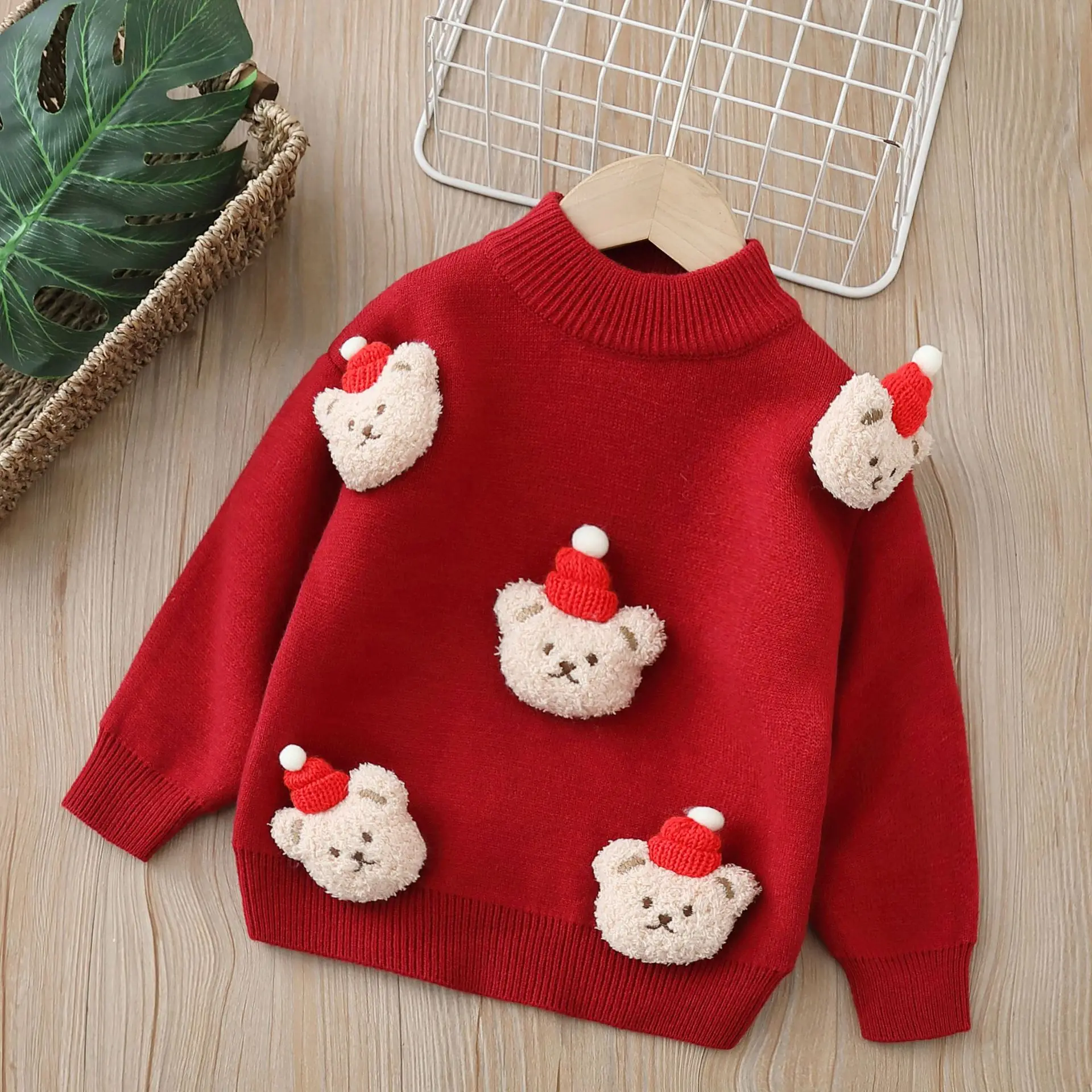 Pull de dessin animé ours tricoté à la main pour enfants, chemise de fond épaissie, vêtements de Noël, garçons et filles, automne et hiver