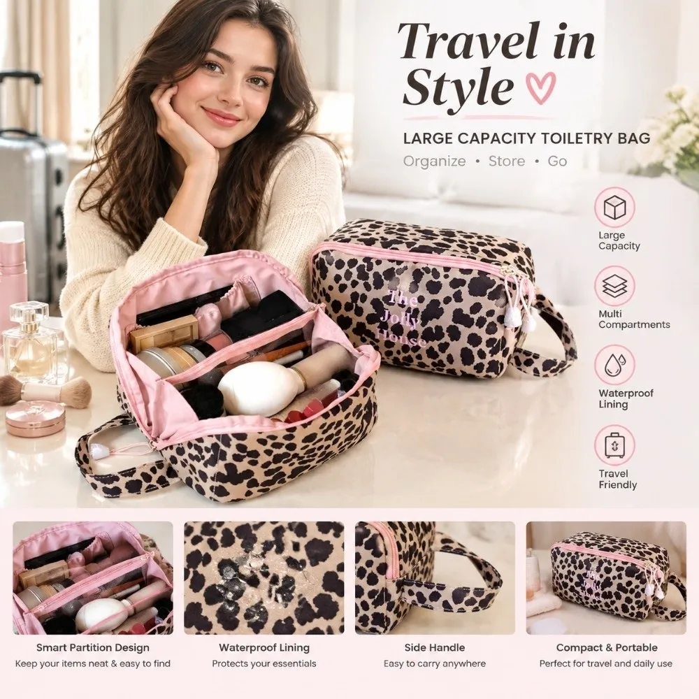 New Leopard Print Makeup Bag Large Capacity Zipper Closure Toiletry Bag Portable Waterproof Storage Handbag For Women Travel