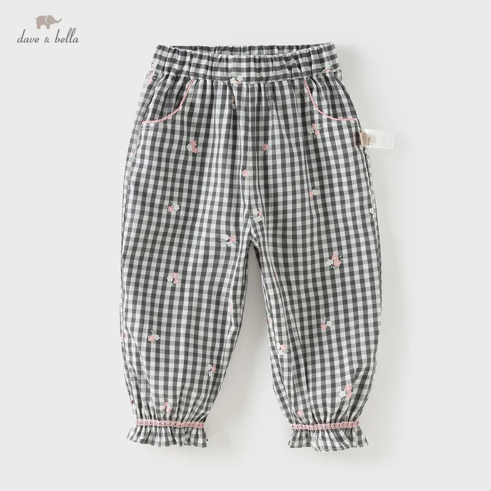 

Детские хлопковые весенние брюки Dave Bella для девочек, осенние черно-белые спортивные брюки в клетку с эластичным поясом, модные DB1260246