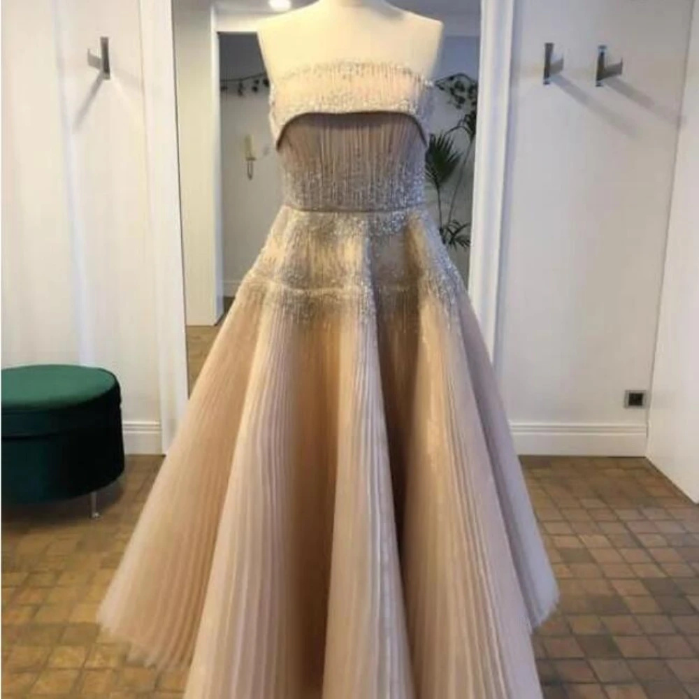 Luxury Beads Evening Dresses for Women Fashion Strapless Draped A-Line Gowns Elegant Ankle Length Prom Party Dresses 2024