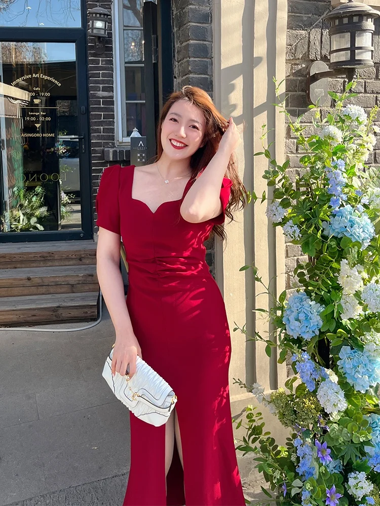 

Красная винтажная юбка с квадратным воротником Bubble Sve с запахом для женщин больших размеров, застежка-молния с высокой талией, трапециевидной формы Dr