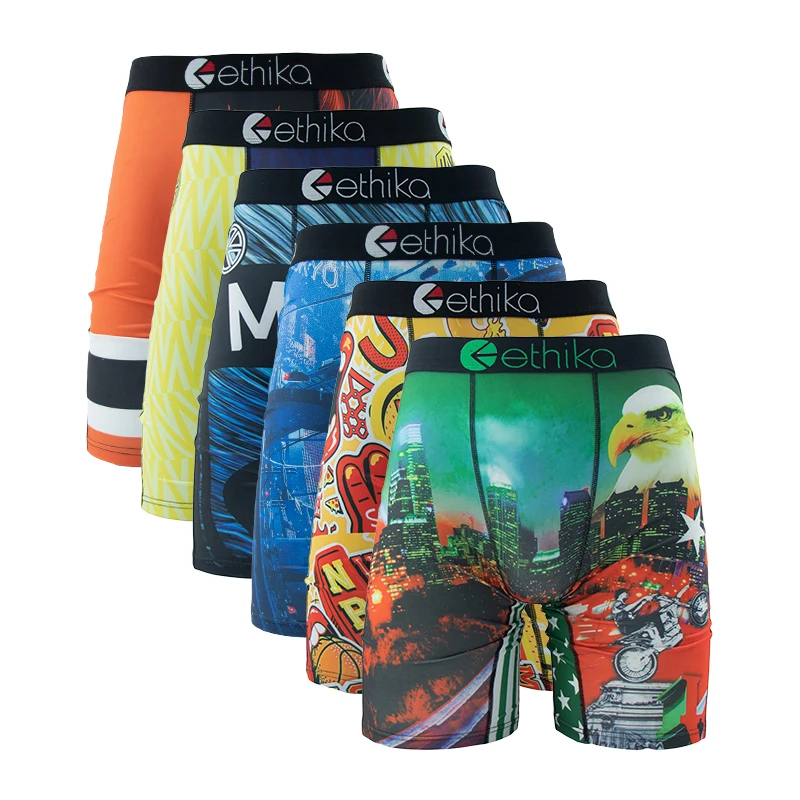 ETHIKA 6Pcs Men Underwear Boxer Breathable Mesh Crotch Man Underpants Plus Size Print Mens Panties Trunks Sexy Men's Boxershorts
