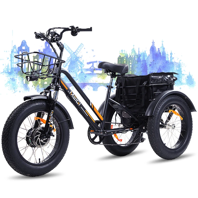 Adult three wheeled electric bicycle, front and rear baskets, 750W motor, 48V 18.2AH battery, maximum range of 45 miles