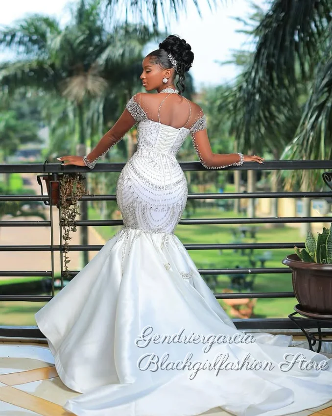 Luxury White Fishtail Wedding Dresses High Neck Crystal Beaded Satin South Africa Bridal & Floor Customised robe de mariée