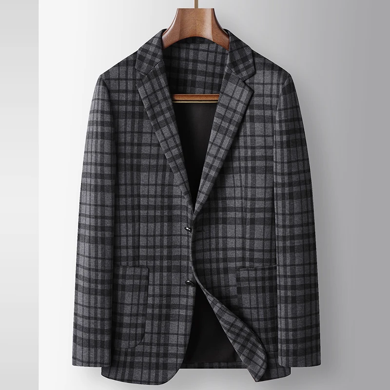 Mens Vintage Check Blazer Two Button Wrinkle Resistant Light Business Coat Polyester Viscose Spring Autumn Commute Outerwear