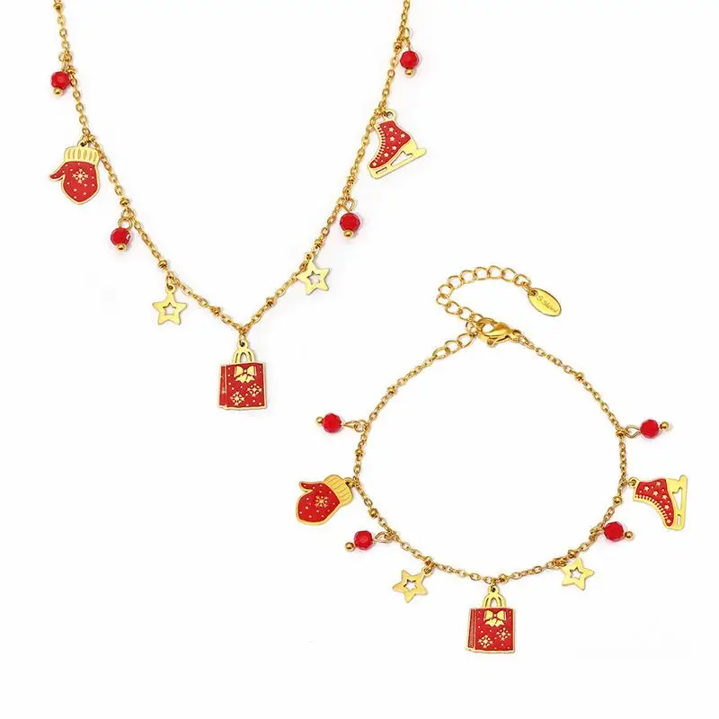 10 Pieces Enamel Glazed Christmas Element Pendant Necklace Bracelet Stainless Steel Fashion Necklace Bracelet Set for Women