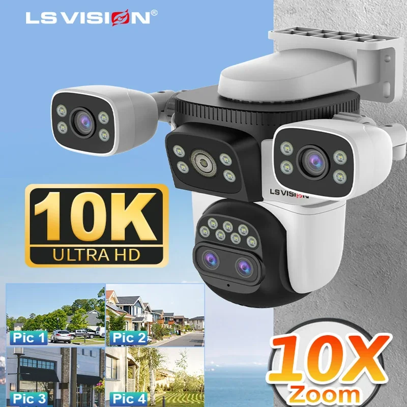 LS VISION Wireless WiFi Camera, 10K, 20MP, Outdoor, 10X Zoom, Four Lens, 720 ° PTZ, Automatic Tracking, Waterproof CCTV Cam