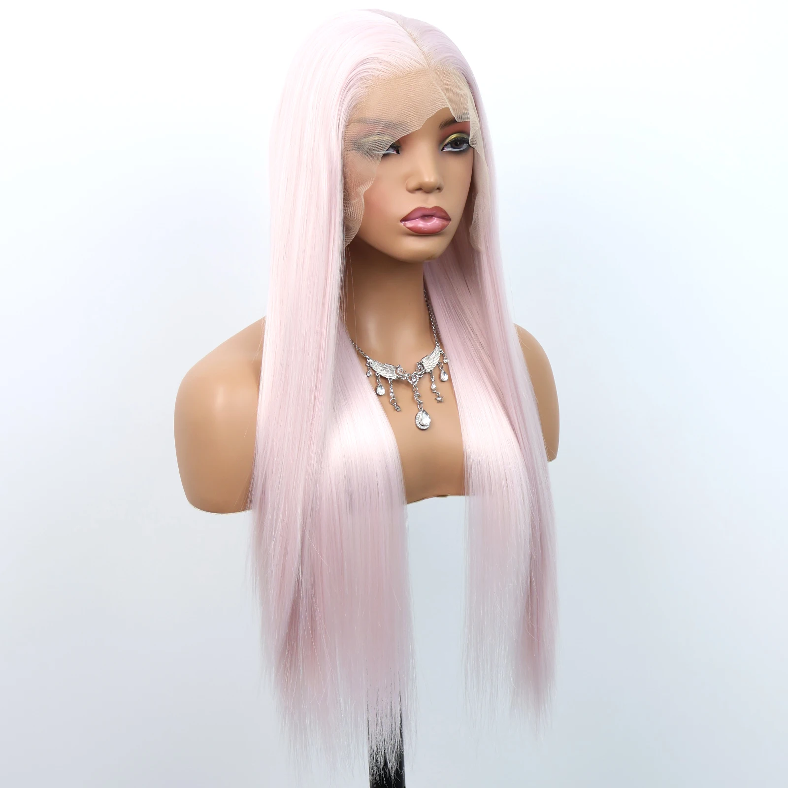 28 Inch Pale Pink Super Silky Straight Wig, 13x4 HD Lace Front Synthetic Wig for Women, 180 Density Smooth Sleek Tangle Free Hair