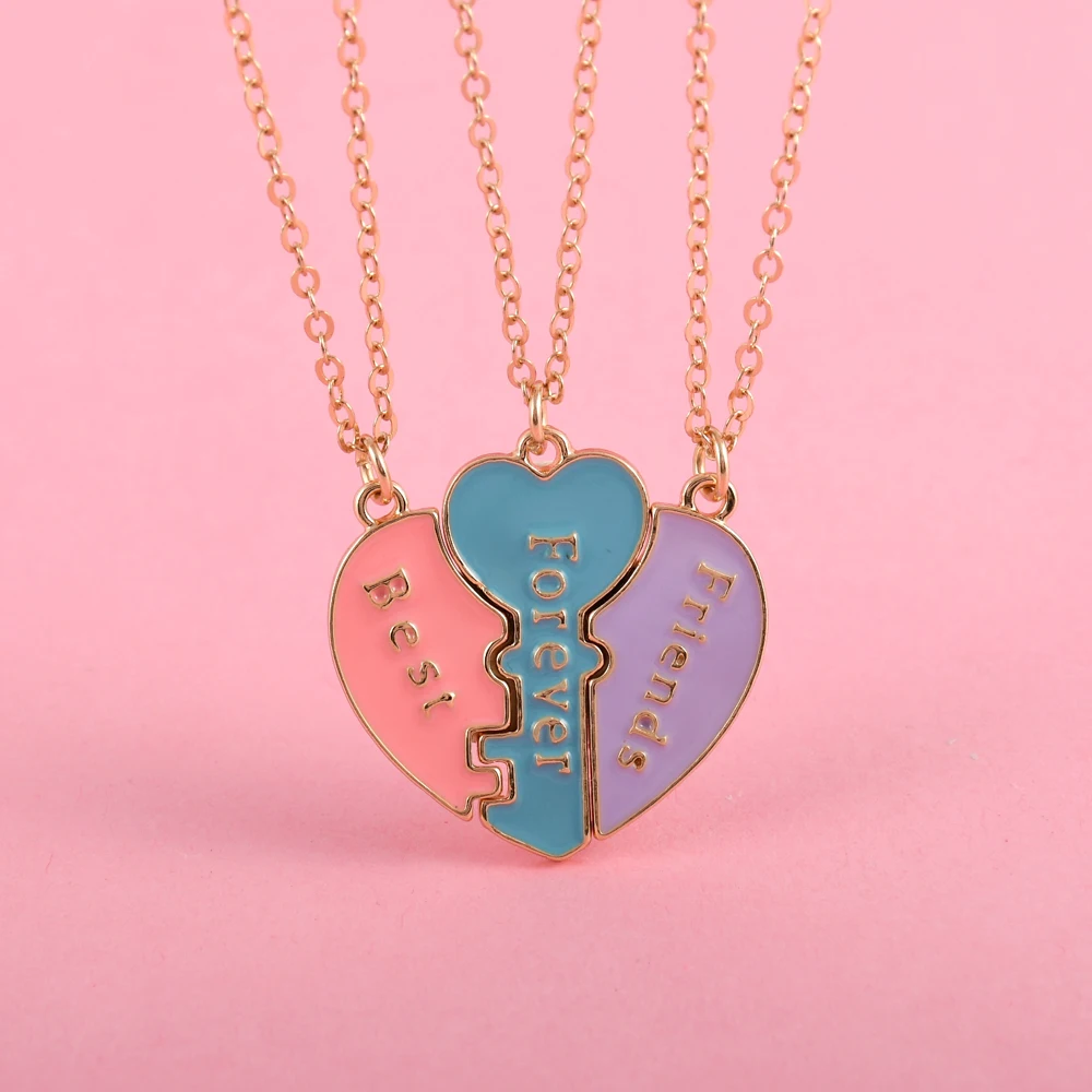 Karsyngirl 3Pcs/set Heart-shaped Key Stitching Letter Best Forever Friend Necklace for Girls BFF Friendship Jewelry Gift