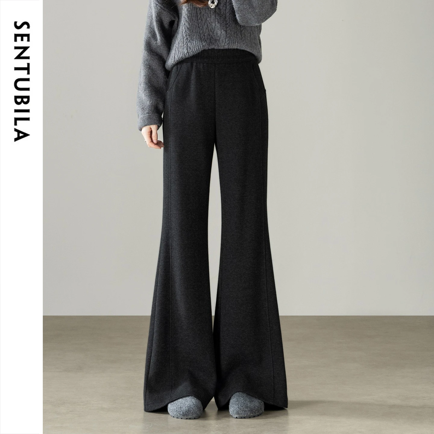 SENTUBILA Women's Knit Flared Pants 2026 Autumn Wool Blend Commuter Thick Warm Trousers Slim Fit Casual Long Pants 163KE6767