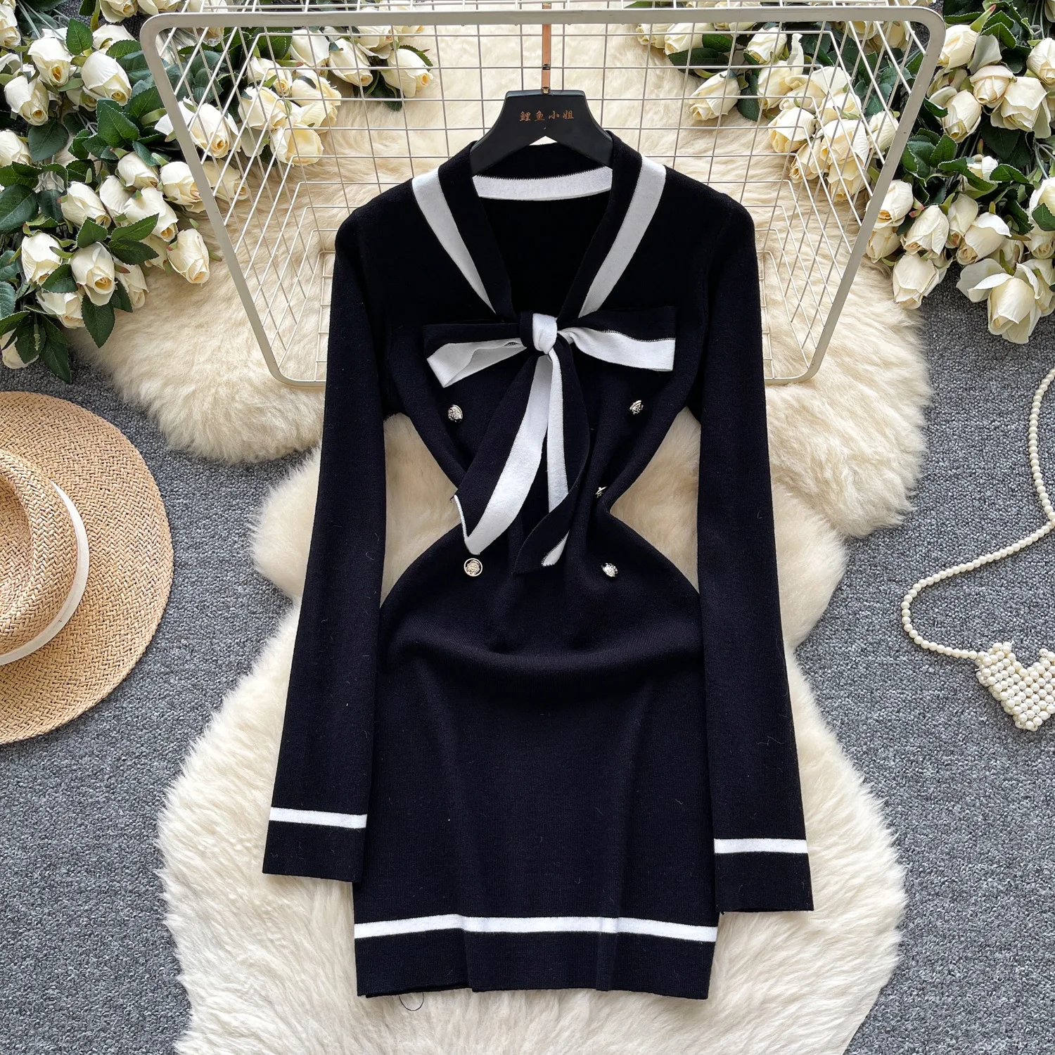 

Knit Dress Women Bow Bandage Mini Dresses Long Sleeve V Neck Button Y2k Spliced Vestidos Elegant Office Ladies Autumn 2025