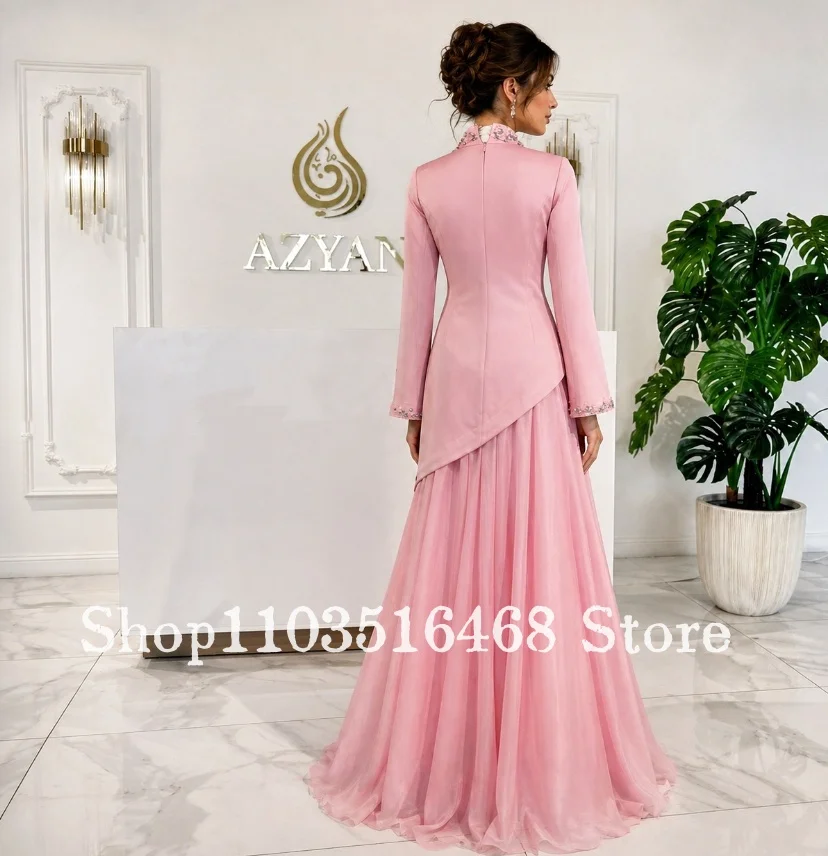 Customized Pink Blush Muslim Evening Gown Long-Sleeve 3D Floral Islamic Prom Dress Mother-of-the-Bride Dress Wedding Party Dress
