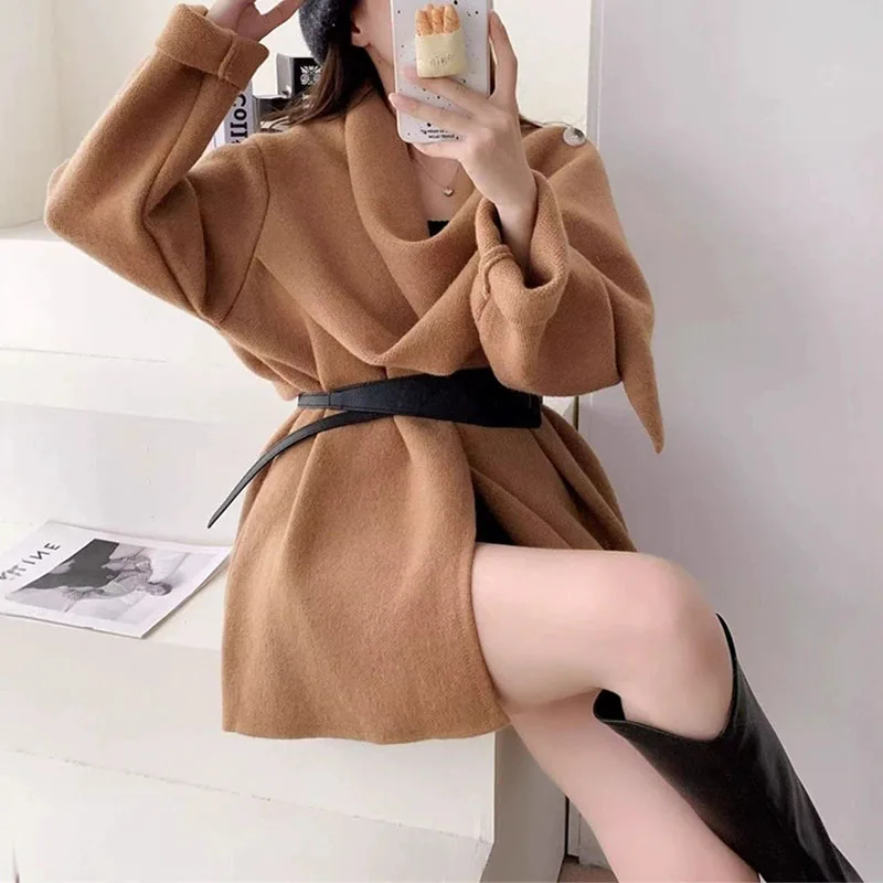 

Autumn Casual Asymmetrical Scarf Sweaters Winter Women's Elegant Draped Design Solid Knitted Fashion Long Sleeves Loose Jackets