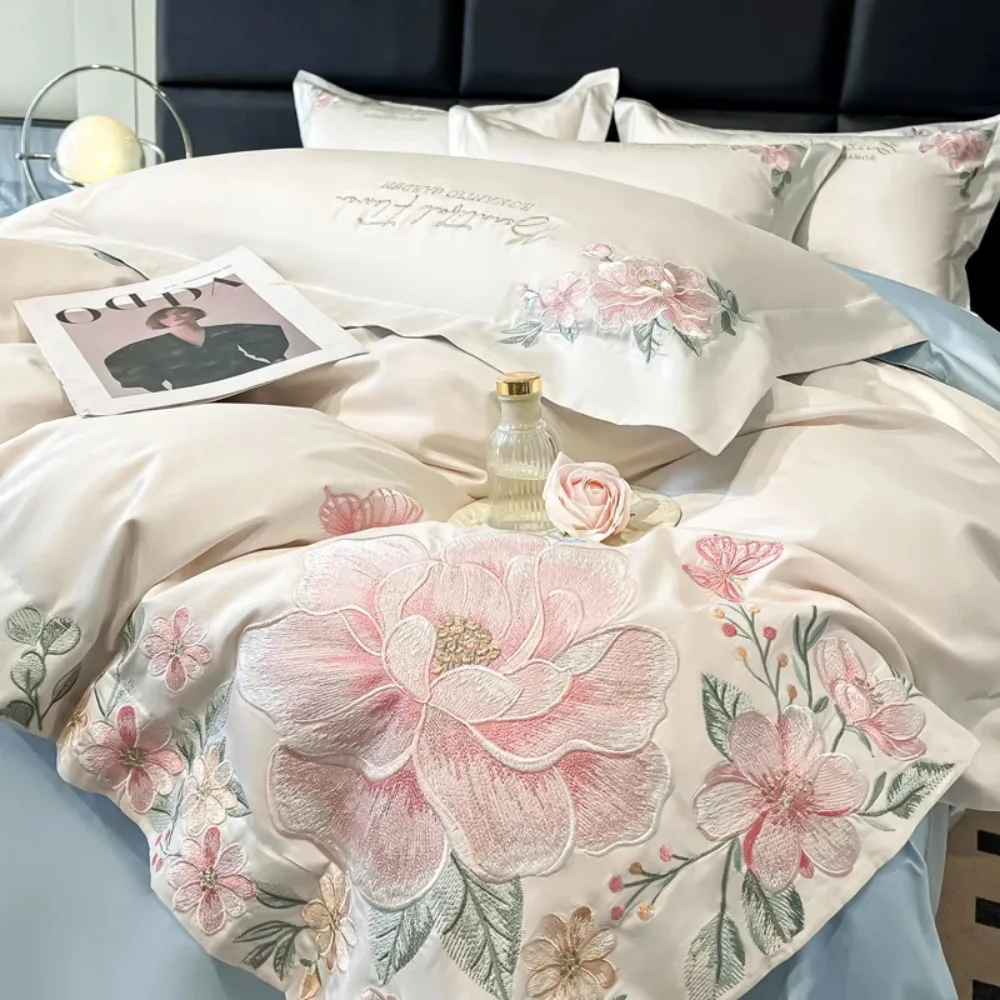 4pcs Light Luxury Style 100% Cotton 120 Count Long Styl Cotton Embroidered Bedding Duvet Cover 200x230 220x240 Four Seasons