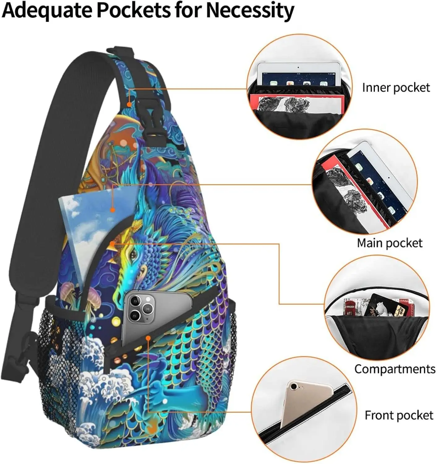 Dragão padrão sling mochila viagem caminhadas daypack saco de peito ombro daypack crossbody sacos para mulheres homens resistente à água