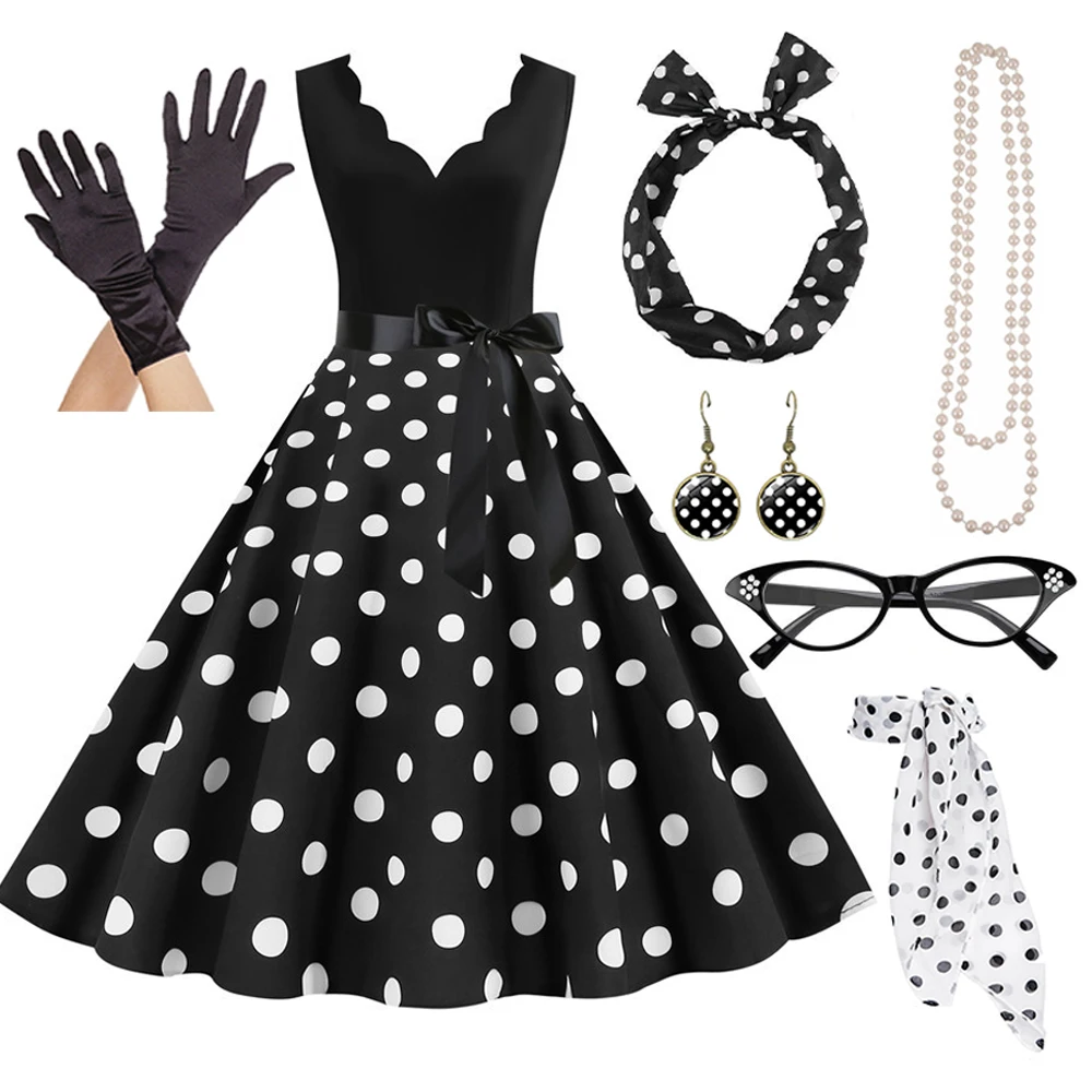 

7pcs/set Women A-line Rockabilly Dress with Accessories Set Polka Dots Swing Dress 1950s 60s Retro Vintage Cocktail Party Dress