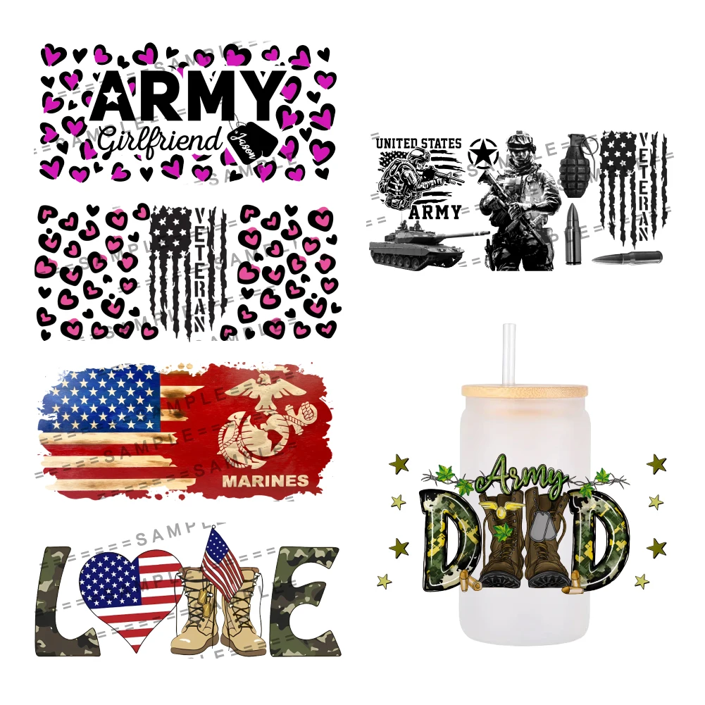 America patriotic soldier 3D UV DTF Wraps Transfer Sticker DIY For 16oz Libbey Glass Cup Waterproof Wrap Transfers Decals  Cup