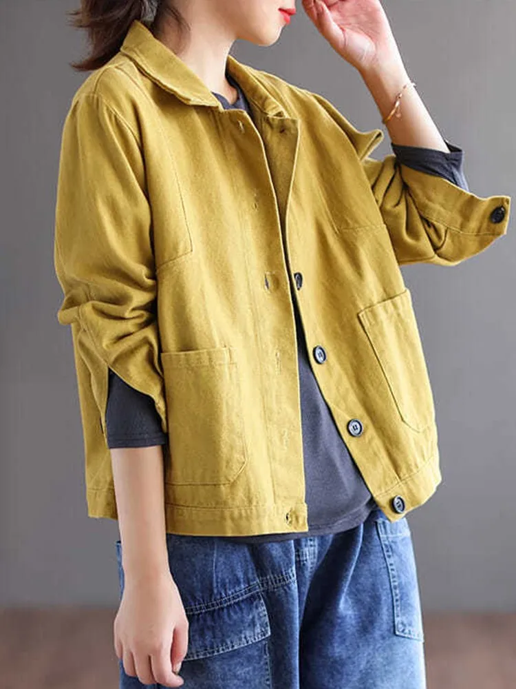 100% Cotton Women Casual Short Jackets New Arrival 2022 Autumn Vintage Style Solid Color All-match Female Outerwear Coats D480