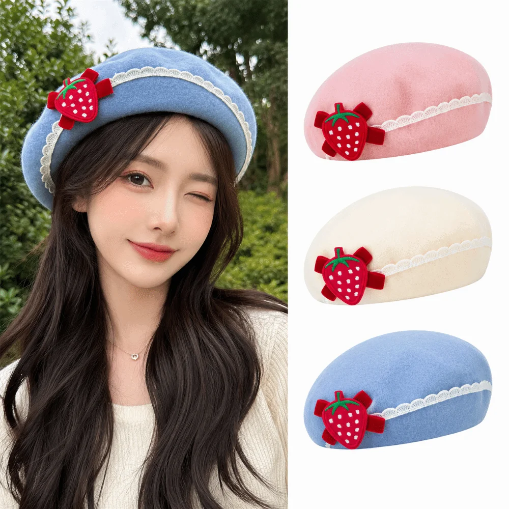 Solid Color Beret Hat Lace Edge Red Strawberry Decoration Pullover Beanie Cap Soft Pullover Bow Beret Autumn Winter Season