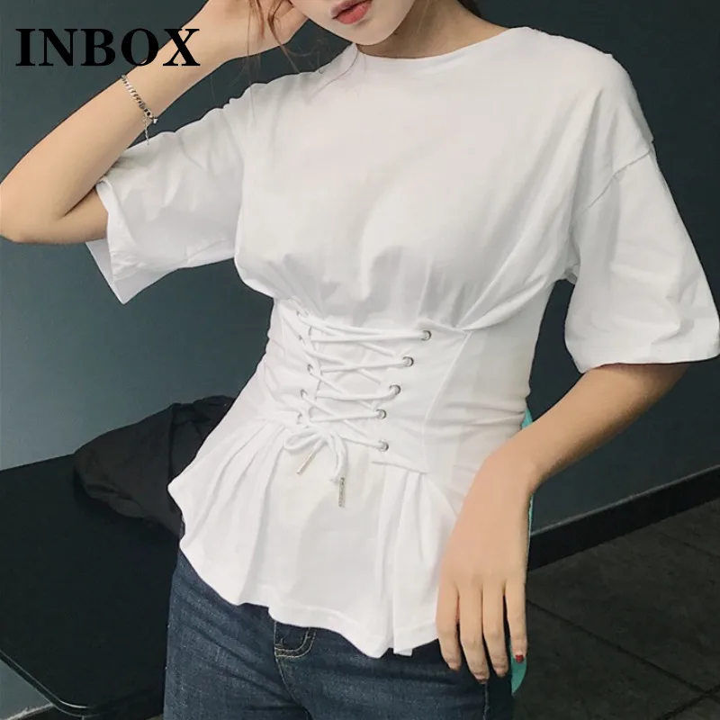 2023 Summer Korean Chic Lace Up White T Shirt for Women Short Sleeve Casual Shirts Lady Solid Color Girls Tops Female Clothing