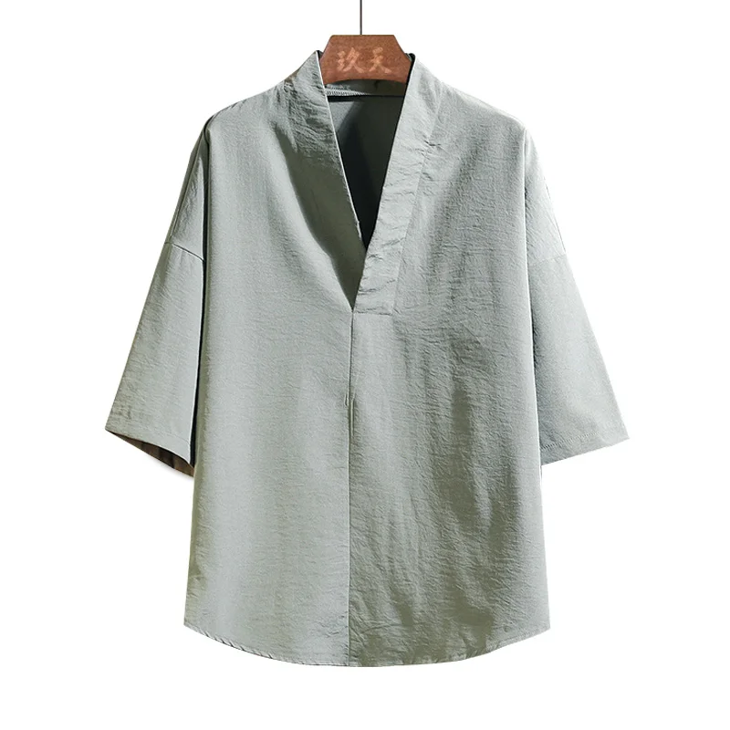 

New Summer Ice Silk Thin V-ne Seven-sve Men's Tang Costume T-irt Ancient Sle Loose Fit Casual irt for All Seasons