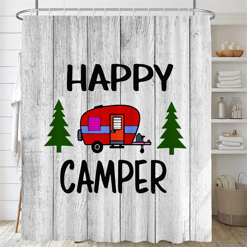 

Happy Camping Printed Shower Curtain Nordic style Camper Cartoon Shower Curtains Bathroom Curtain Home Decor Curtain