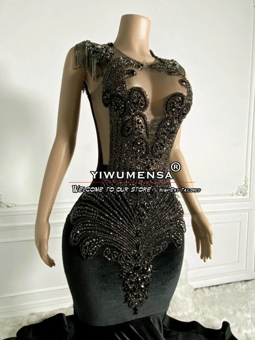 Vestidos de graduación de sirena con cuentas de cristales de lujo sin mangas, terciopelo negro, vestidos de noche de fiesta de cumpleaños para niñas, vestidos de gala