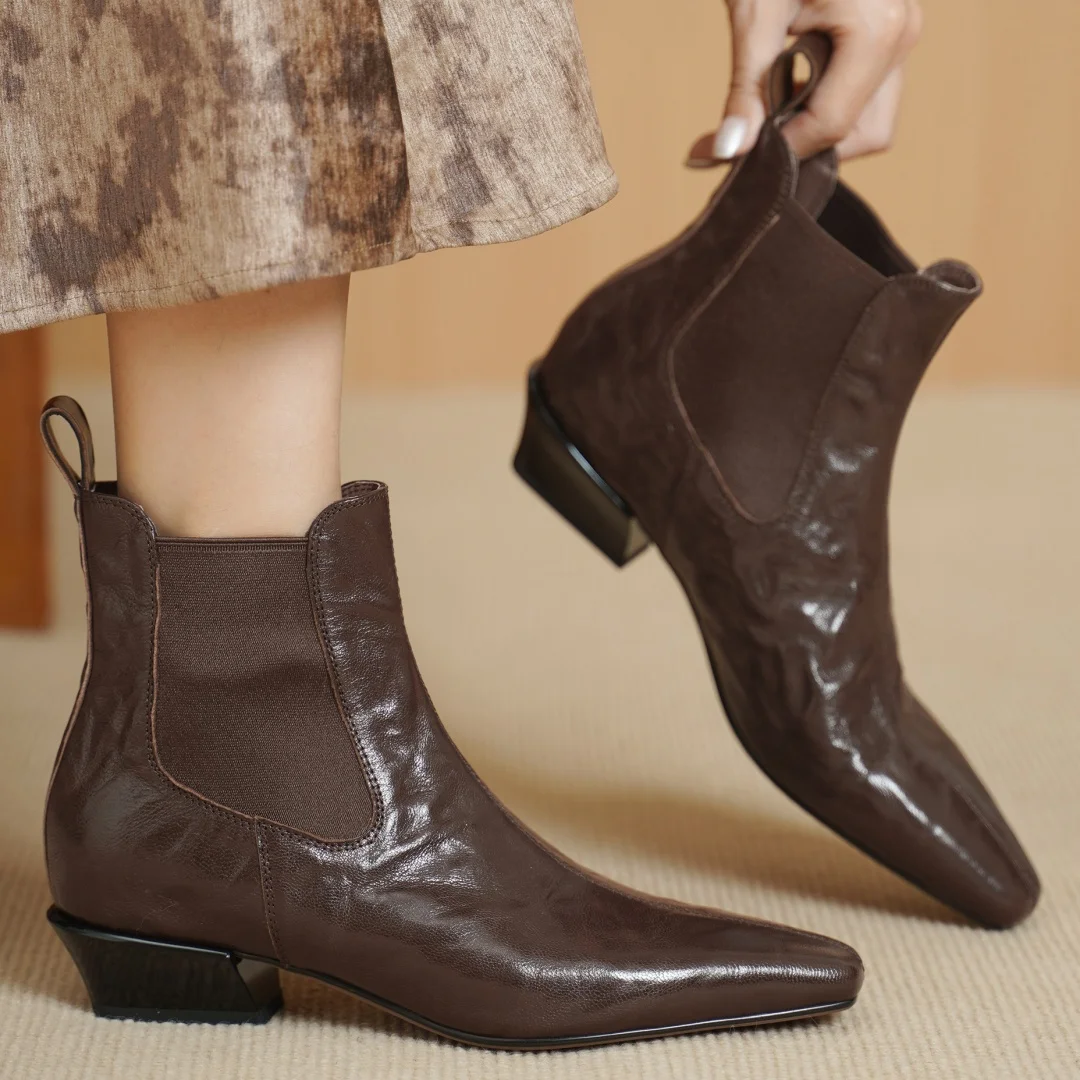 

danxuefei women's pleated sheepskin elastic fabric patchwork slip-on autumn ankle Chelsea boots 3.5cm thick low heel short boots