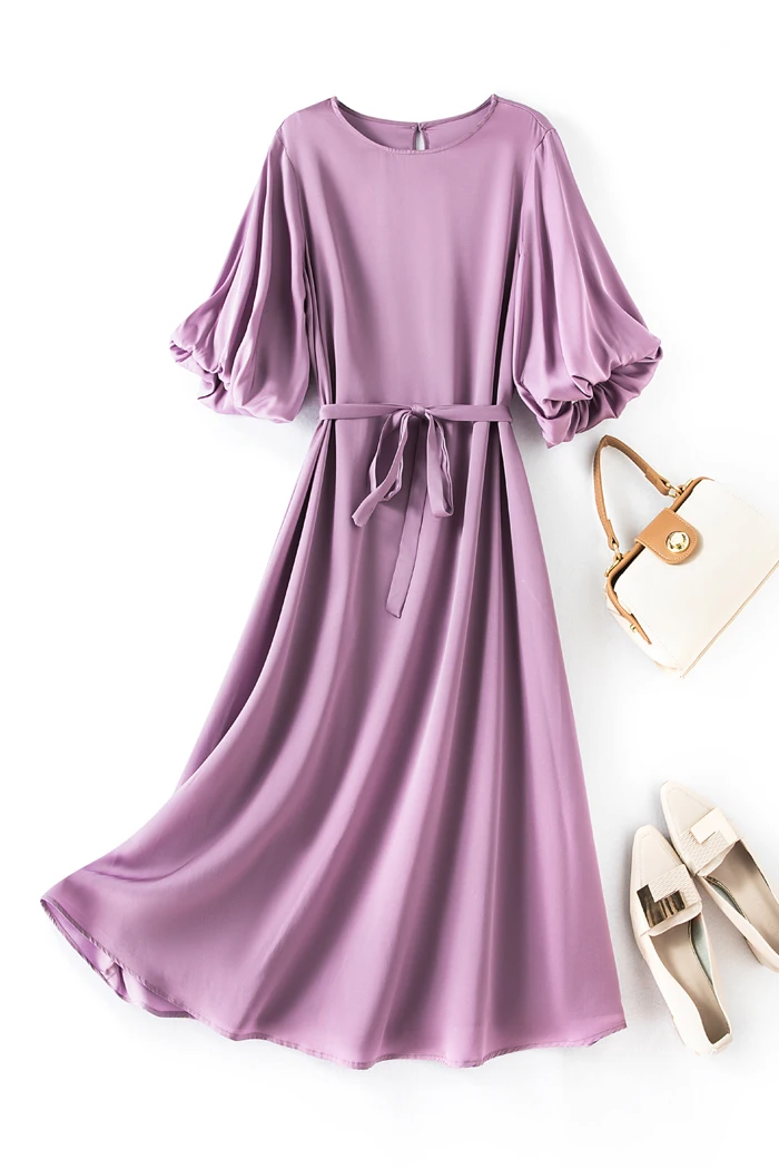 2023 Women\'s Fashion Summer New Mid Length Round Neck Bud Sleeve Mulberry Silk Loose A-line Party Dress