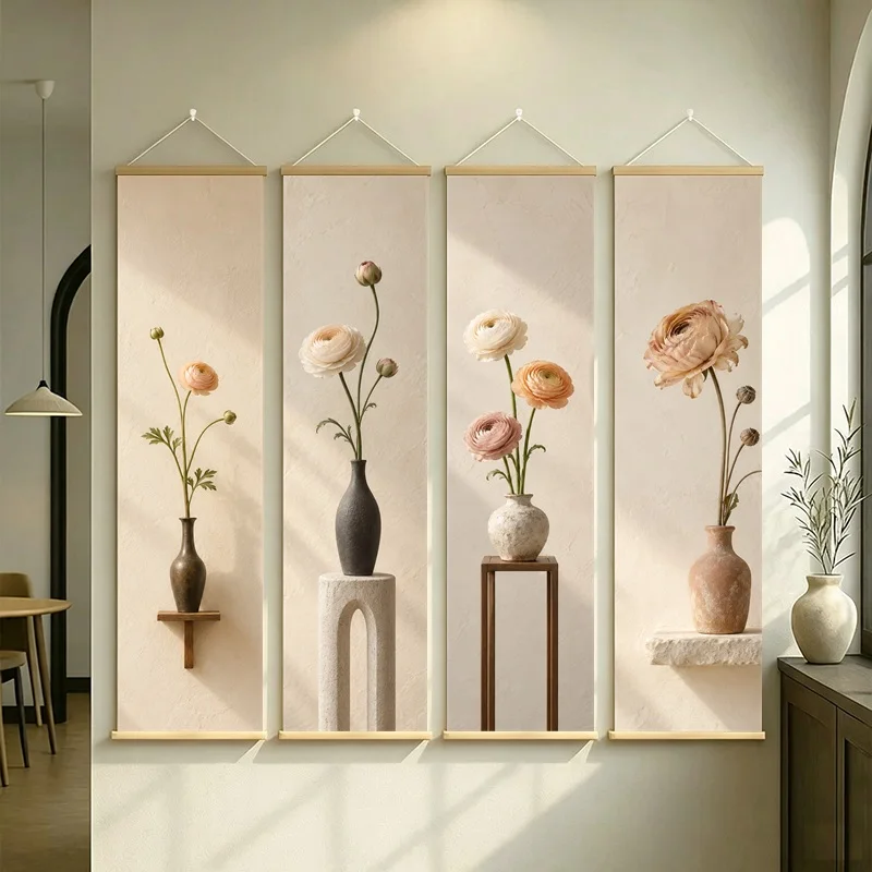 Ranunculus Wall Art 4-Panel Peach Blush Floral Vase Scroll Set on Cream Silver Shimmer Canvas for Soft Neutral Room Decor