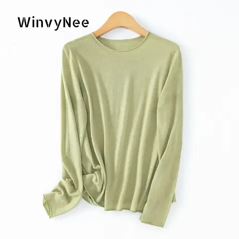 WinvyNee Women Worsted Wool Seamless Knit Crew Neck Plain Long Sleeve Spring Autumn Lightweight Skin-friendly Pullover A1757019A