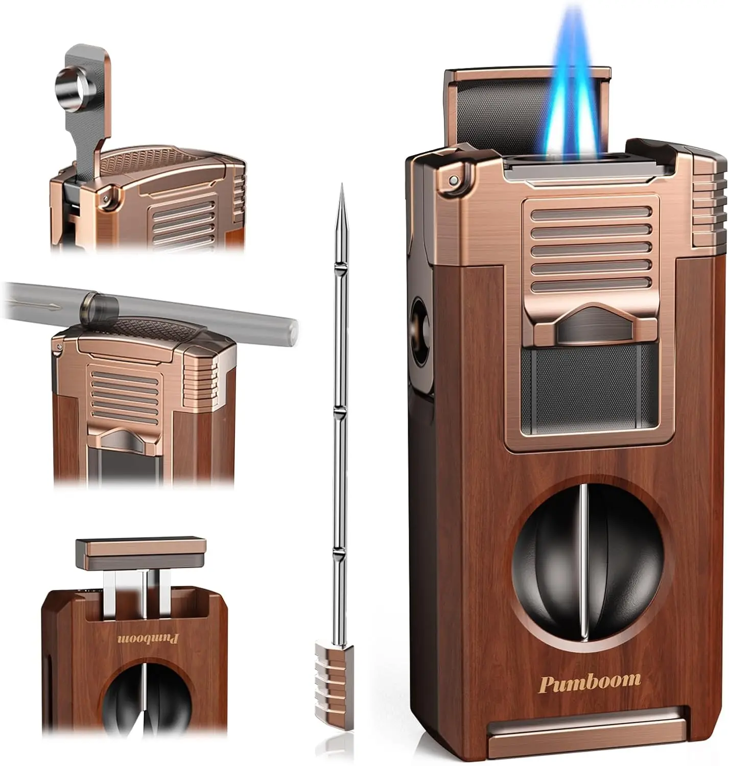 

Multi-Function Torch Lighter with Cutter, Punch, Holder, Dual Windproof Flames, Refillable Butane Gift Box for Men