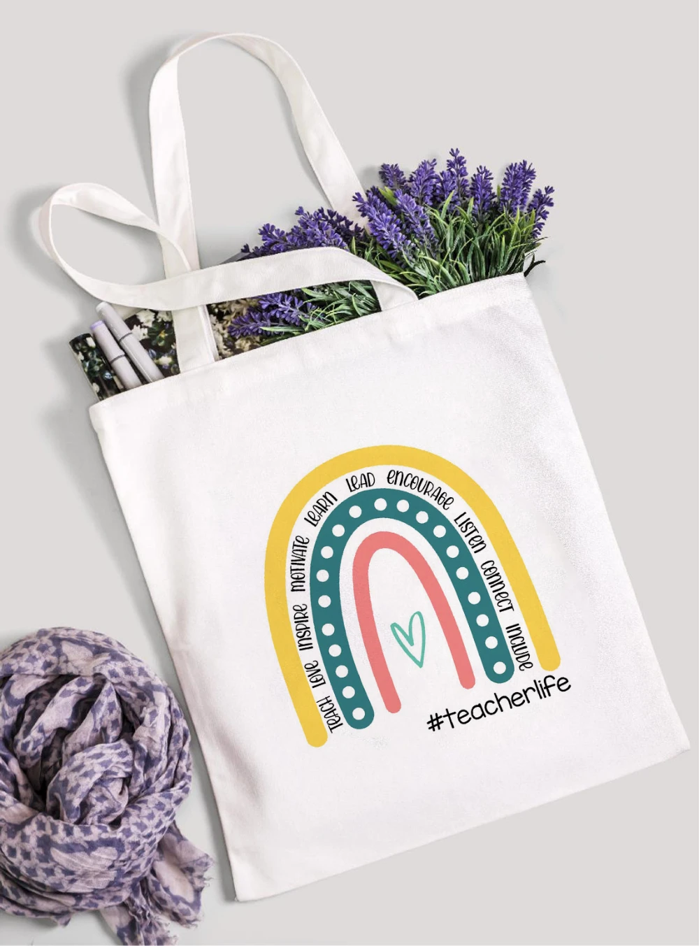 Reusable Canvas Tote Bag with Teacher Rainbow Print, Cute Apple Design, Great Gift for Teachers & Everyday Use, Travel & School