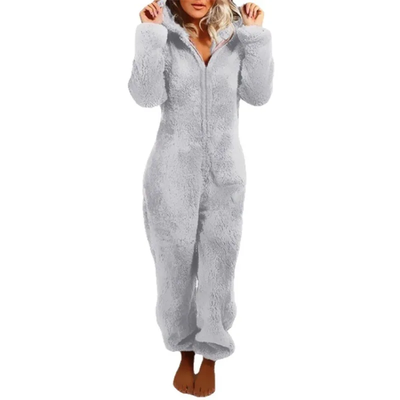 Plus Size Zipper Onesies for Women Fluffy Fleece Hooded Pajamas for Women Winter Warm Plush Sleepwear Loungwear Jumpsuits