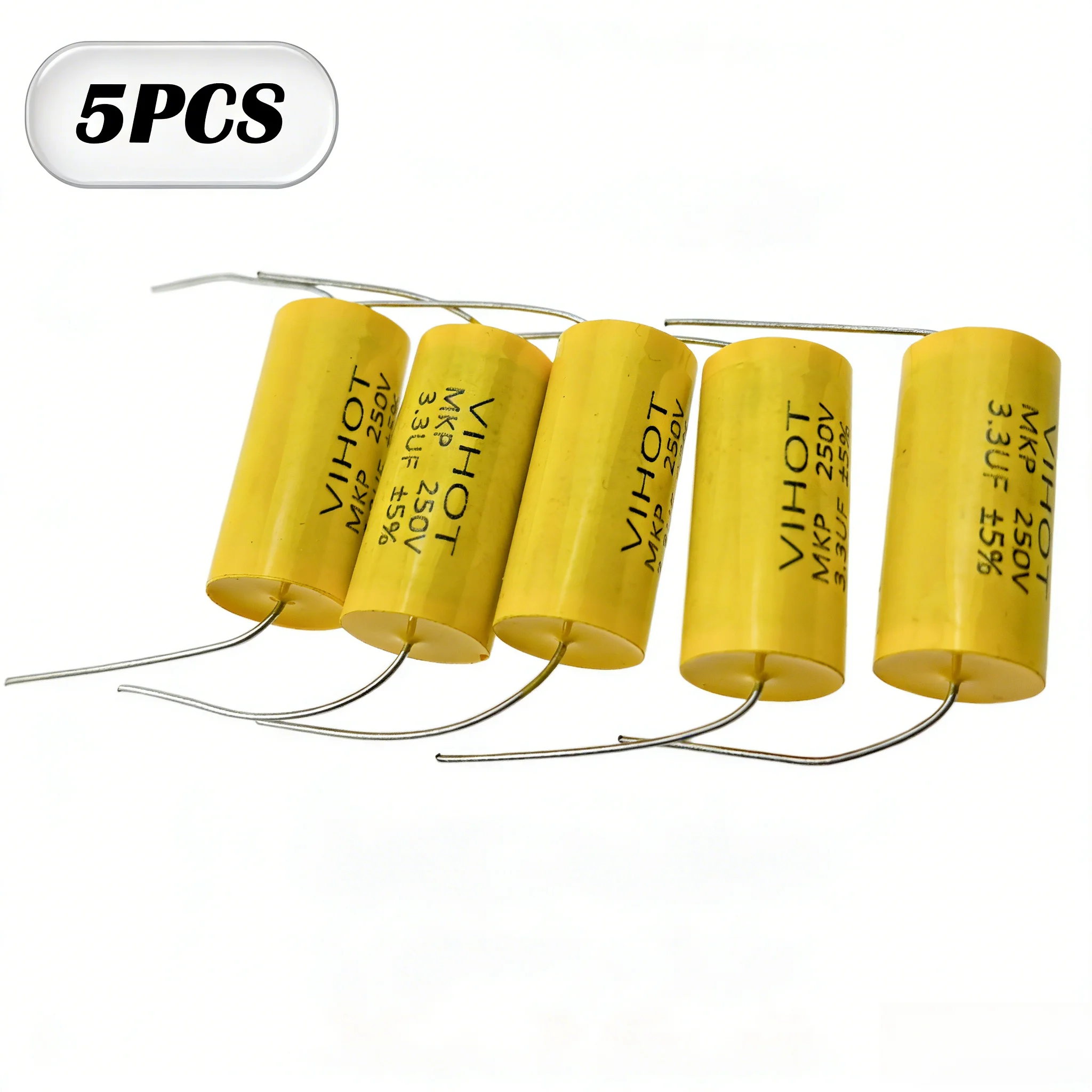 5Pcs 3.3uF 250V MKP Non-Polarized Axial Capacitor Yellow Ring 2-Pin for Audio Speaker Equipment
