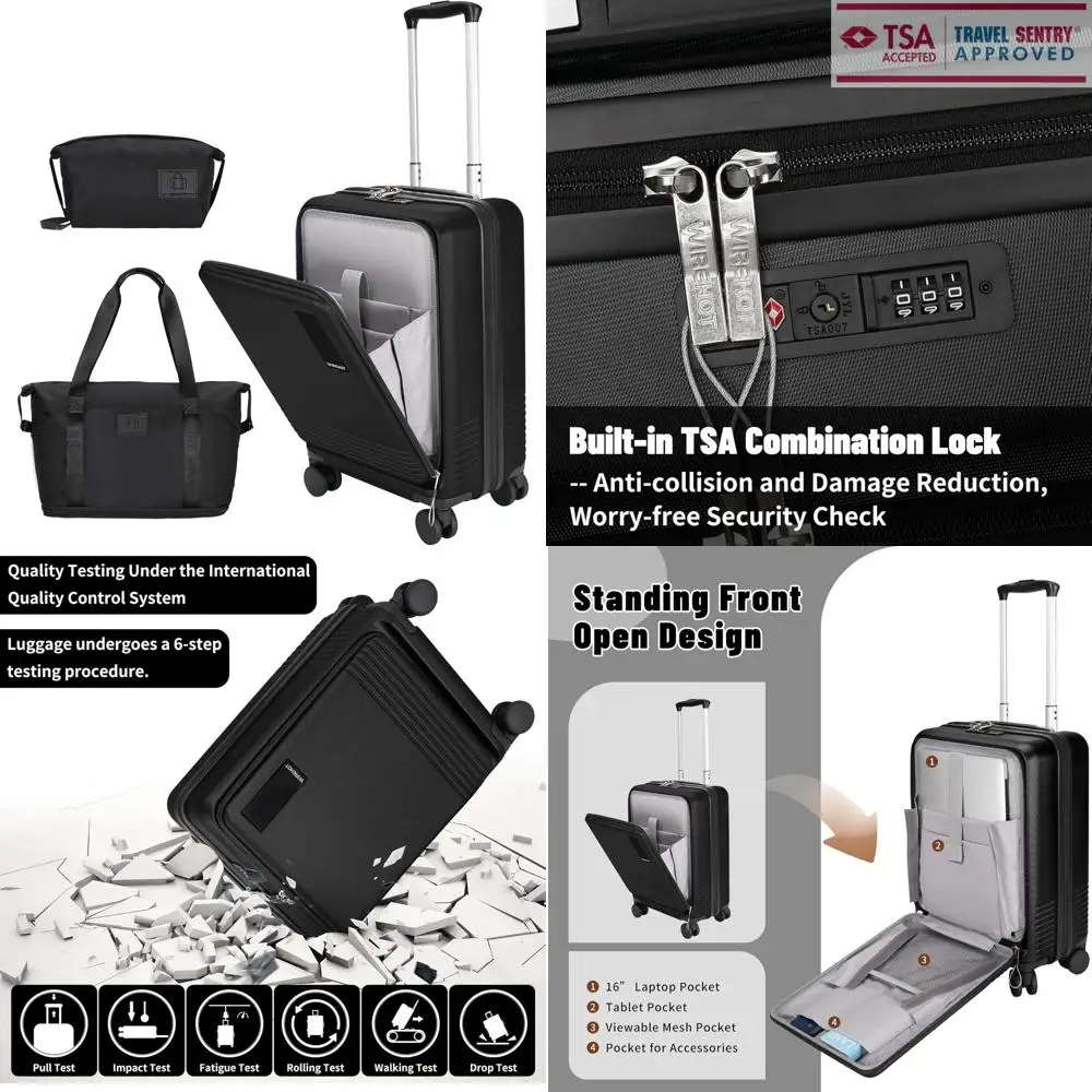 حقيبة حمل صغيرة مقاس 20 بوصة مفتوحة من الأمام مع جيب للكمبيوتر المحمول، حقيبة ABS + PC ذات هيكل صلب مع عجلات دوارة وقفل TSA وسحاب YKK