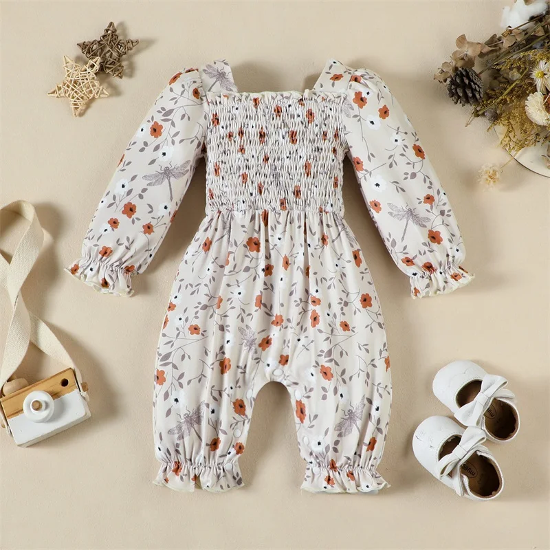 Baby Girls Jumpsuit, Long Sleeve Square Neck Pleated Flower Print Casual Romper Clothes