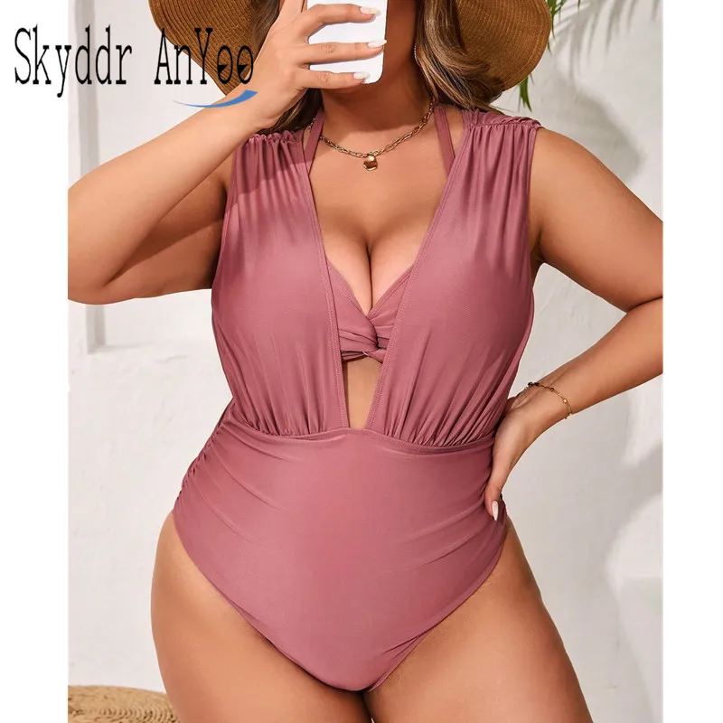 

2025 Plus Size One Piece Women's Swimsuit V-Neck Sexy Monokini Chubby woman Swimwear Tummy Control Bathin Suits