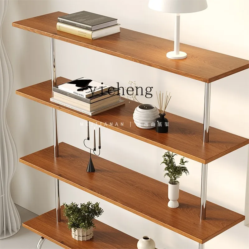 ZF Floor-Standing Rack Designer Storage Rack Vintage Trolley Solid Wood Stainless Steel Bookshelf