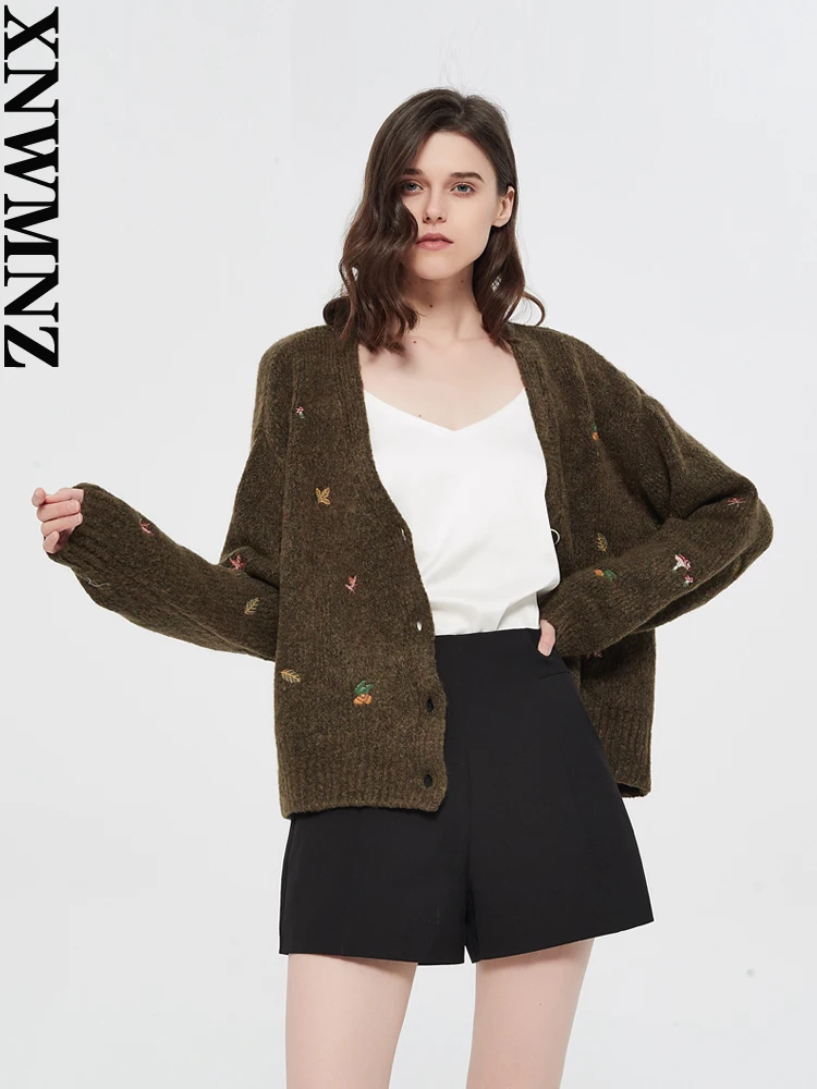 XNWMNZ women Vintage knit cardigan with embroidery Long sleeves V-neck ribbed trims Cardigan Female Elegant sweater Outerwear