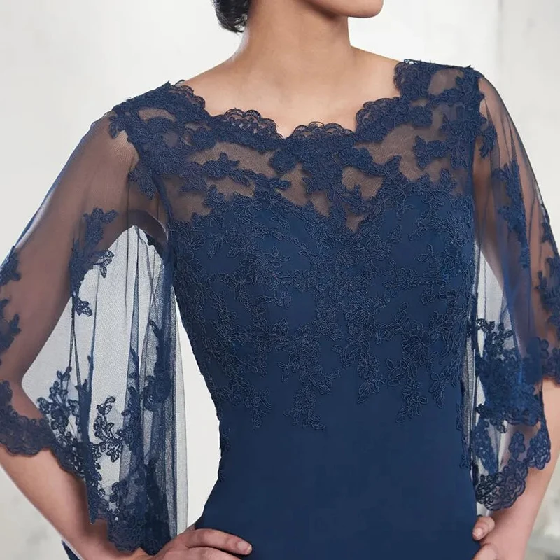 Vestido de chiffon para a mãe da noiva, azul marinho, até o chão, tule longo com applique cape, festa formal, casamento, verão, 2023